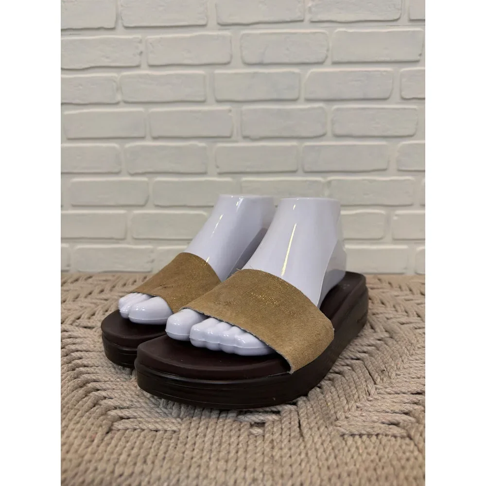 Donald Pliner Metallic Suede Slide Sandals Bronze Platform Size 8, Brown